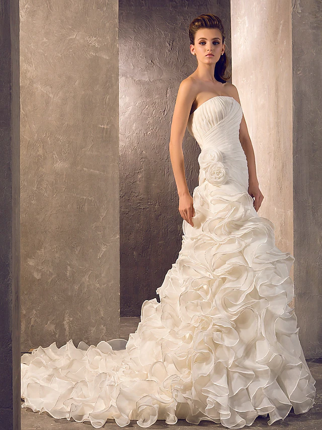 Luolandi Wedding Dresses Strapless Court Train Organza Sleeveless with Flower Cascading Ruffle